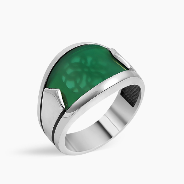 Yeşil Akik Taşlı Minimalist Gümüş Band Yüzük