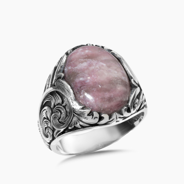 Pembe Ametist Taşlı Gravürlü Gümüş Yüzük