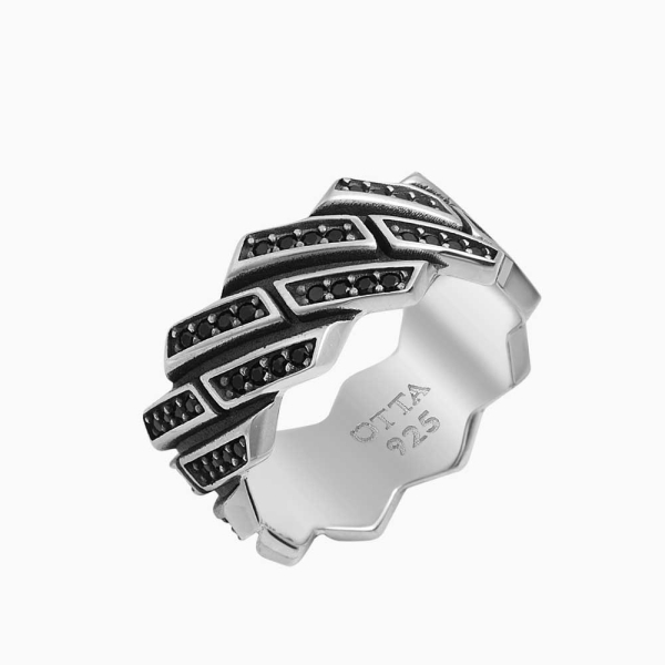 Siyah Zirkon Taşlı Gümüş Band Yüzük – 10 mm