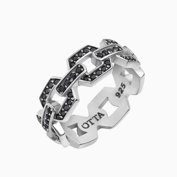 Siyah Zirkon Taşlı Gümüş Zincir Band Yüzük – 8,5 mm