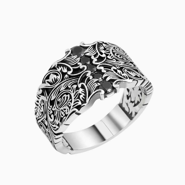 Siyah Zirkon Taşlı Gümüş Kavisli Band Yüzük – 14 mm