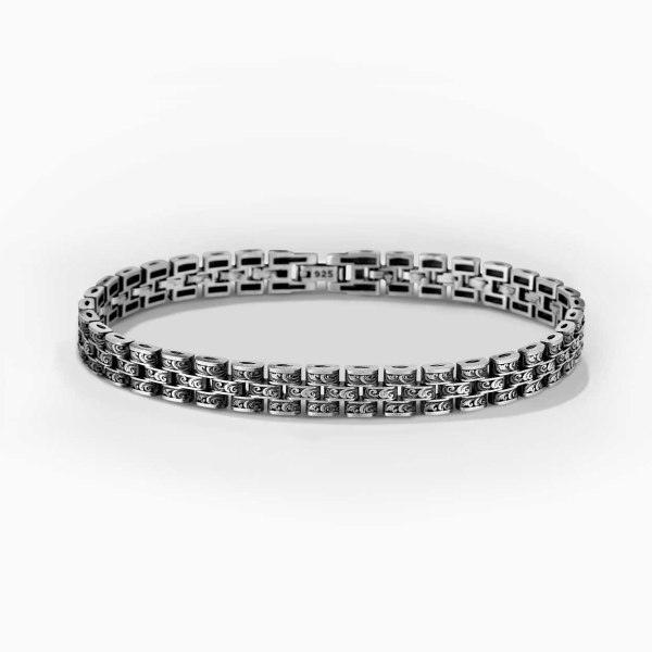 Koyu Gravürlü 3 Sıra Rolex Tarzı Gümüş Bileklik