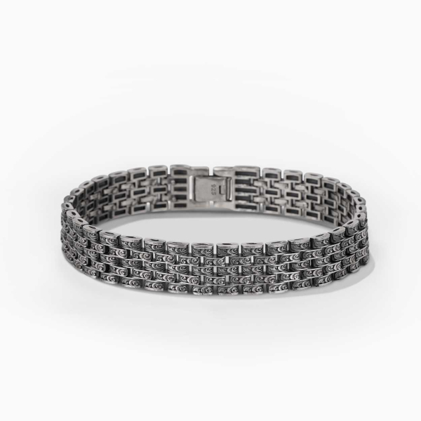 Koyu Gravürlü Rolex Tarzı Gümüş Bileklik