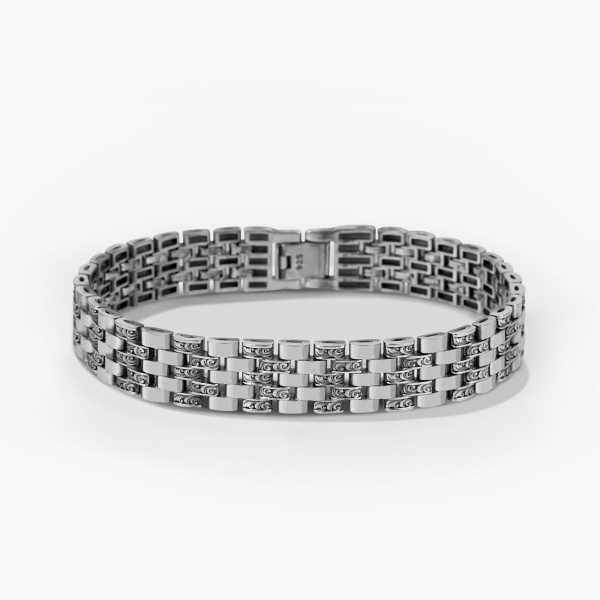 İnce Gravürlü Parlak Rolex Tarzı Gümüş Bileklik