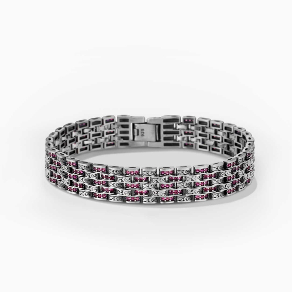Pembe Serpiştirmeli Gravürlü Rolex Tarzı Gümüş Bileklik