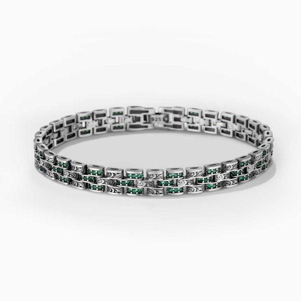 Yeşil Serpiştirmeli Gravürlü Rolex Tarzı Gümüş Bileklik