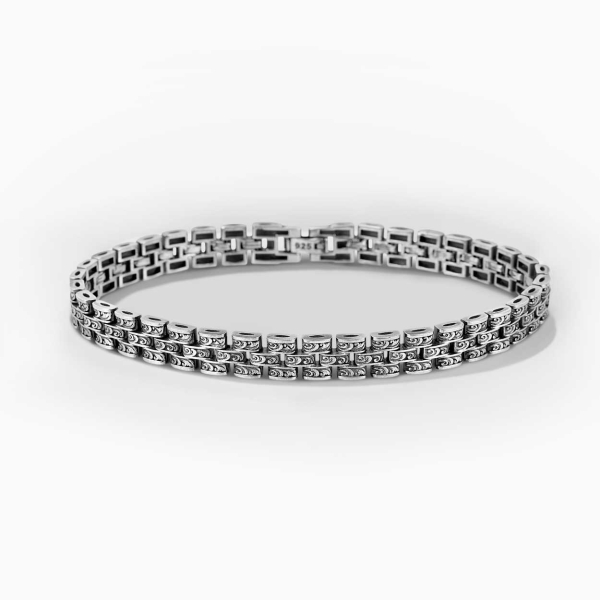 Gravürlü 3 Sıra Rolex Tarzı Gümüş Bileklik