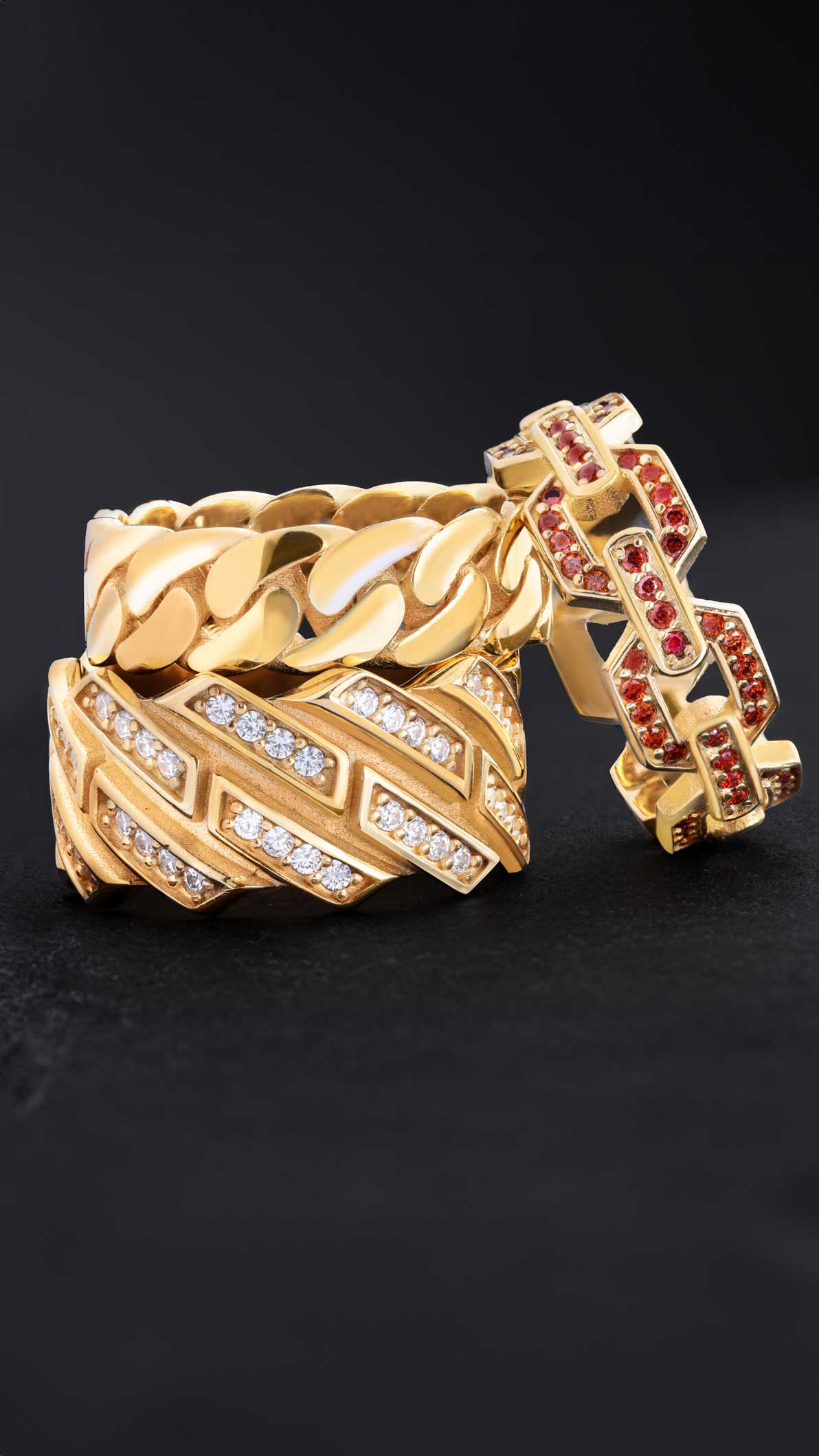 Men’s gold rings in various styles, colors, and karats including wedding bands, signet rings, and statement designs, with buying and care guide