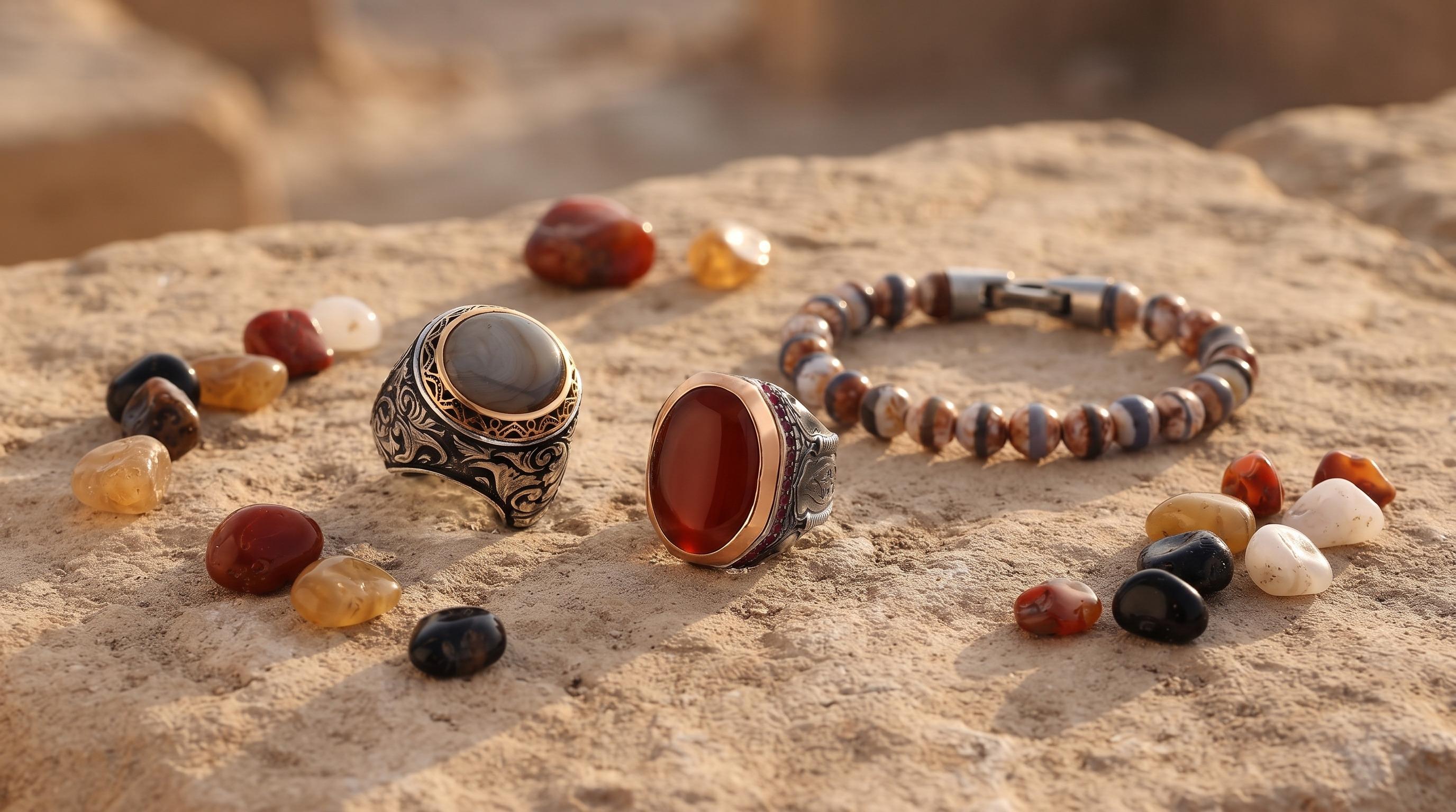 Yemeni aqeeq and red aqeeq silver rings with a Tibetan agate bead bracelet, surrounded by red, yellow, black and white agate pebbles