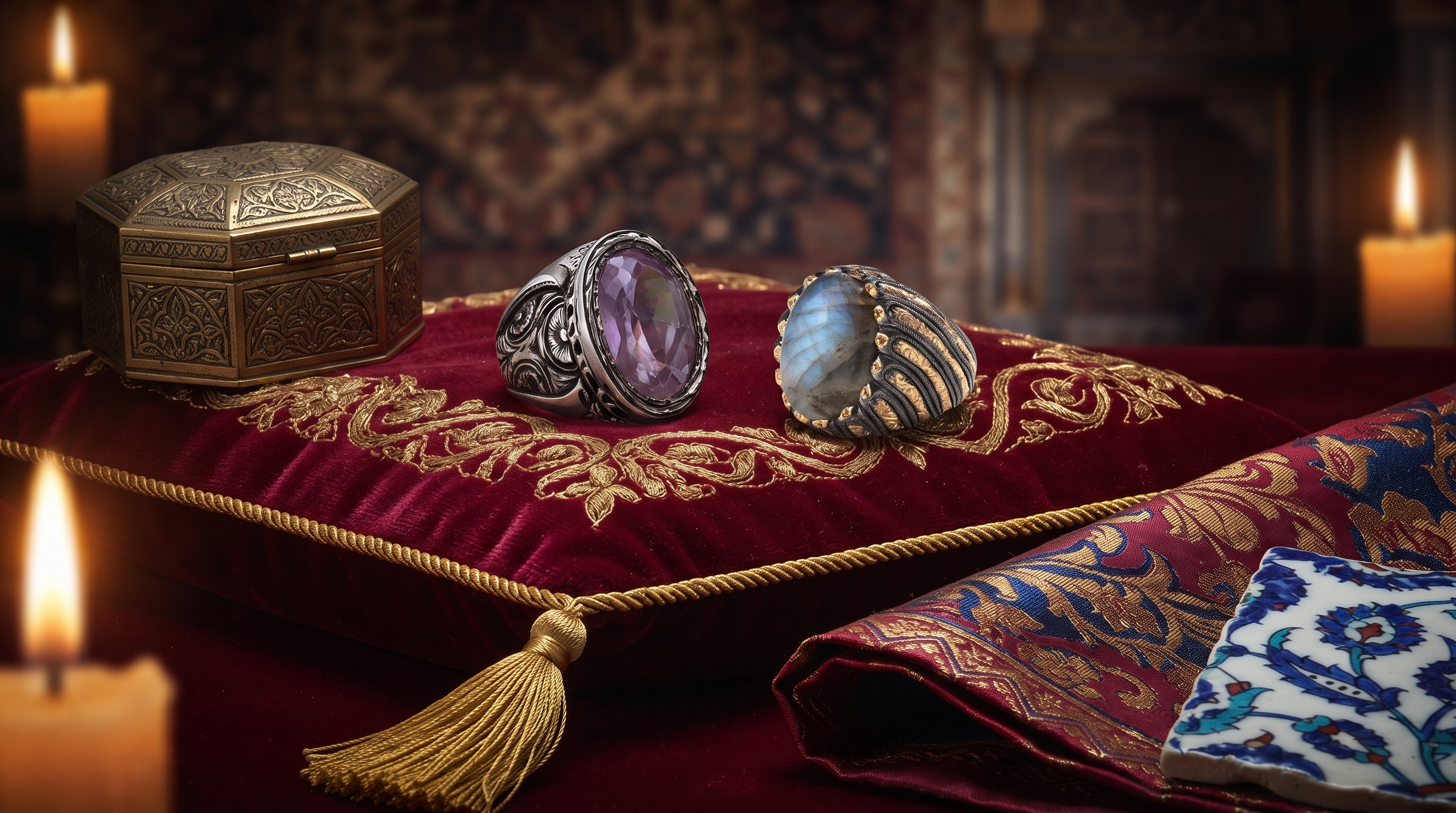 Two Ottoman-style Sultan rings, an engraved amethyst ring and a labradorite ring, on a crimson velvet cushion with an engraved brass box and an Iznik tile